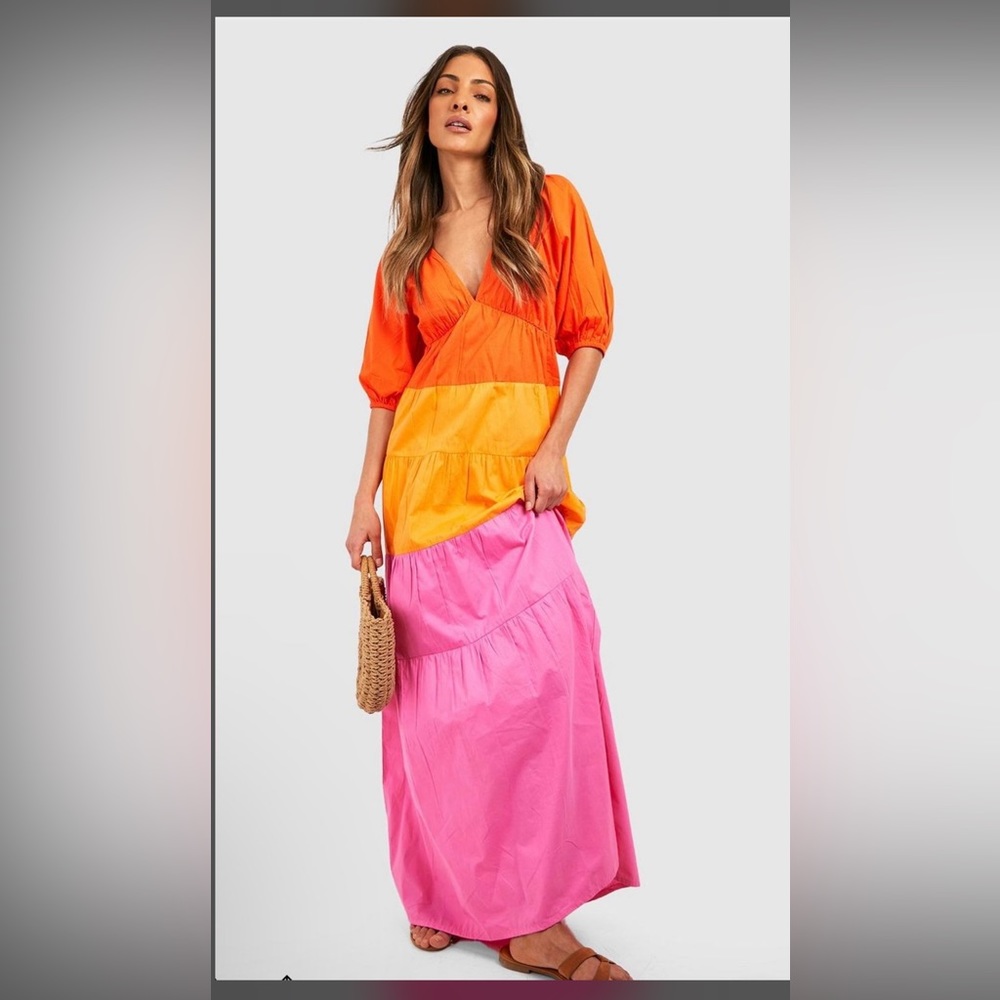 Boho cotton poplin colorblock tiered maxi dress